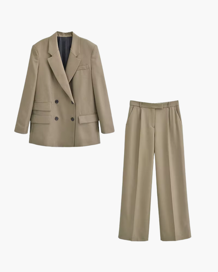 Stijlvolle Chique Beige Blazer en Wijde Pijpen Broek Set voor Dames