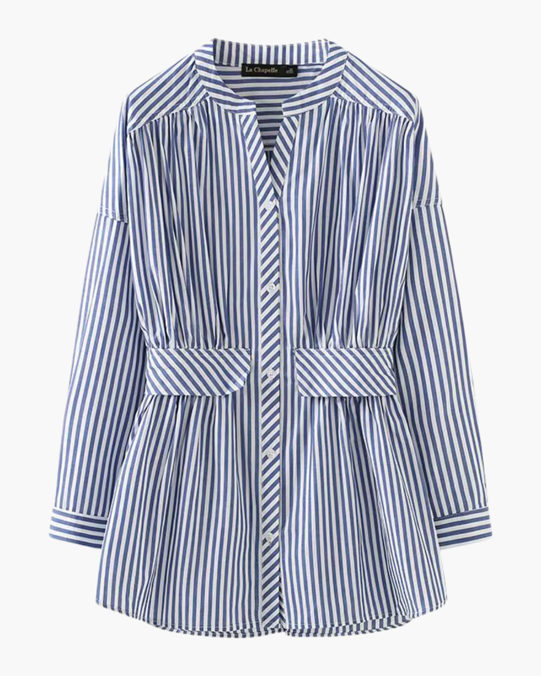 Blauw-Wit Verticaal Gestreept V-Hals Shirt Lente Herfst