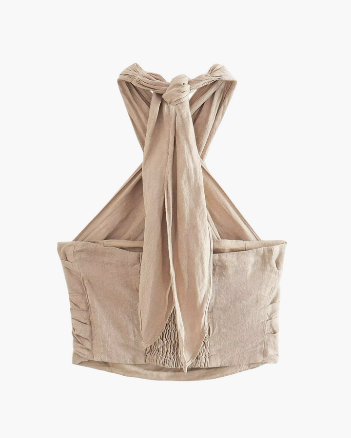 Elegante Rugloze Linnen Halter Crop Top voor Dames