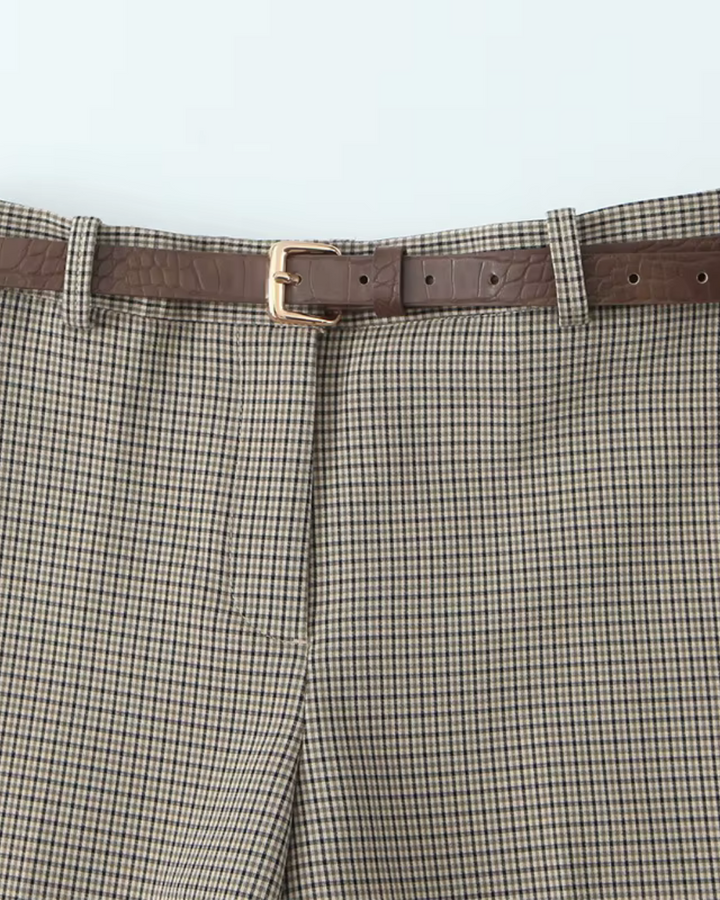 Geruite Hoge Taille Pantalon met Rechte Pijpen en Bijpassende Riem voor Dames