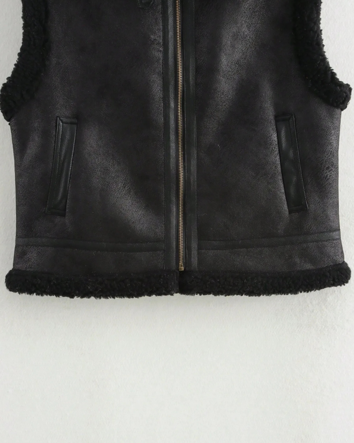 Warme Mouwloze Kunstleren Jas met Fleece voor Dames
