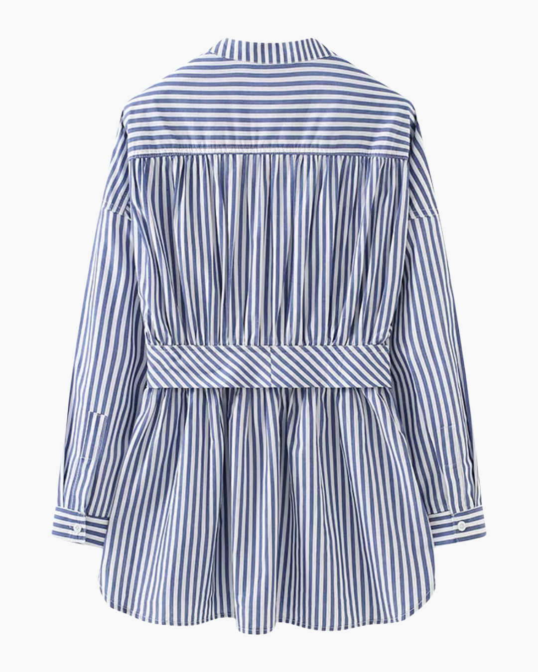 Blauw-Wit Verticaal Gestreept V-Hals Shirt Lente Herfst